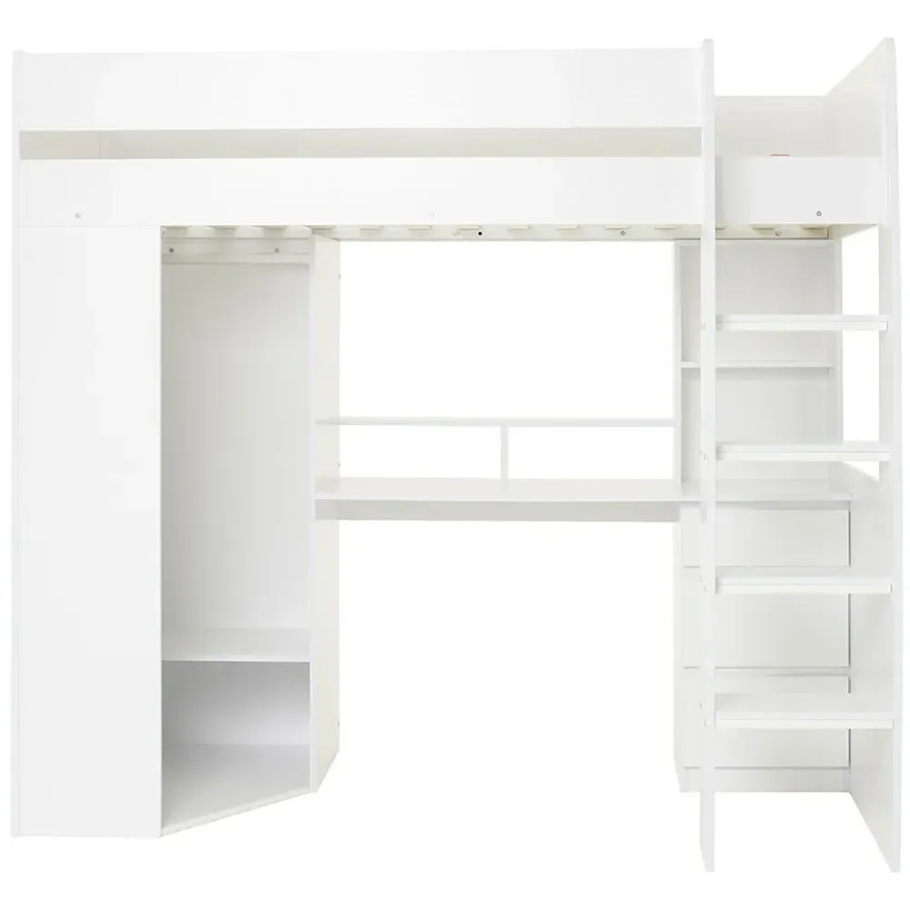 Harper Single High Sleeper Bed with Desk and Storage - White
