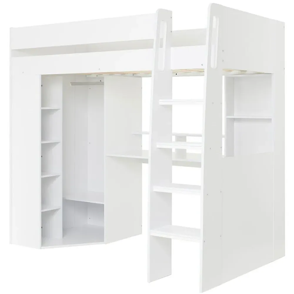 Harper Single High Sleeper Bed with Desk and Storage - White
