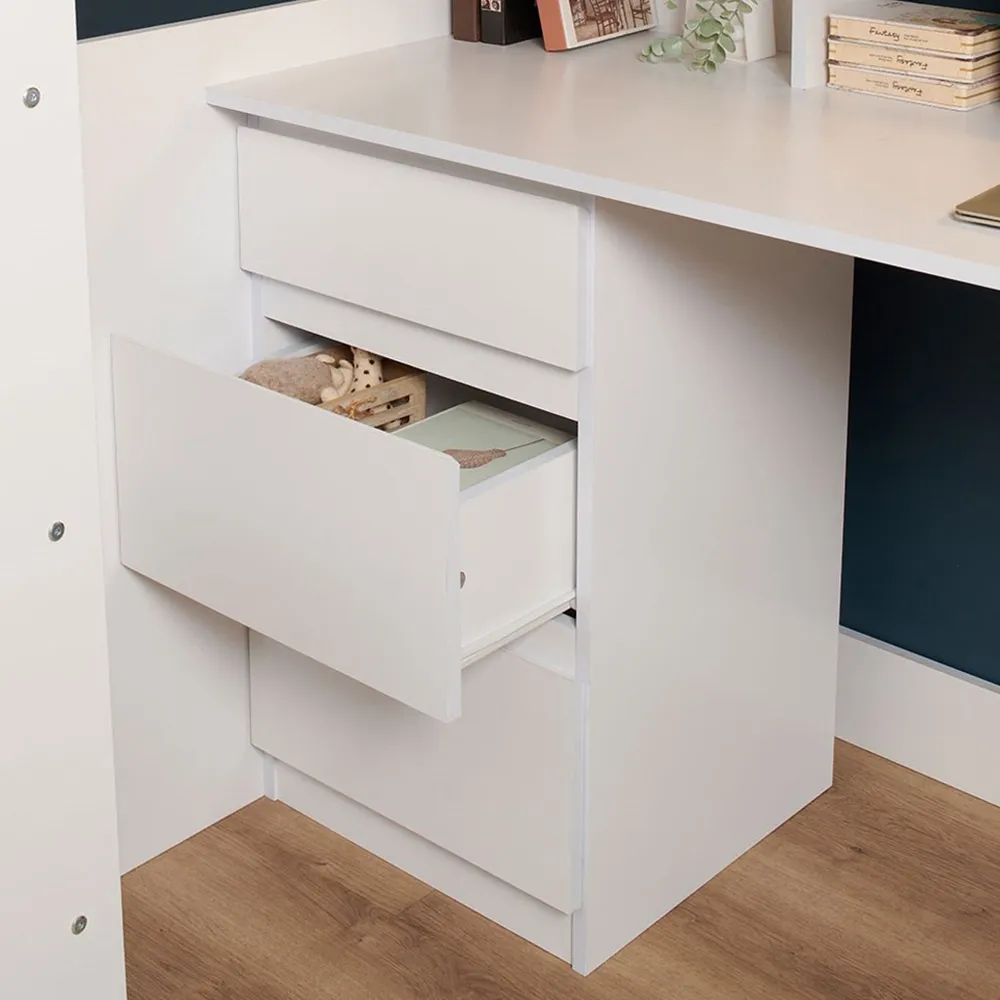 Harper Single High Sleeper Bed with Desk and Storage - White