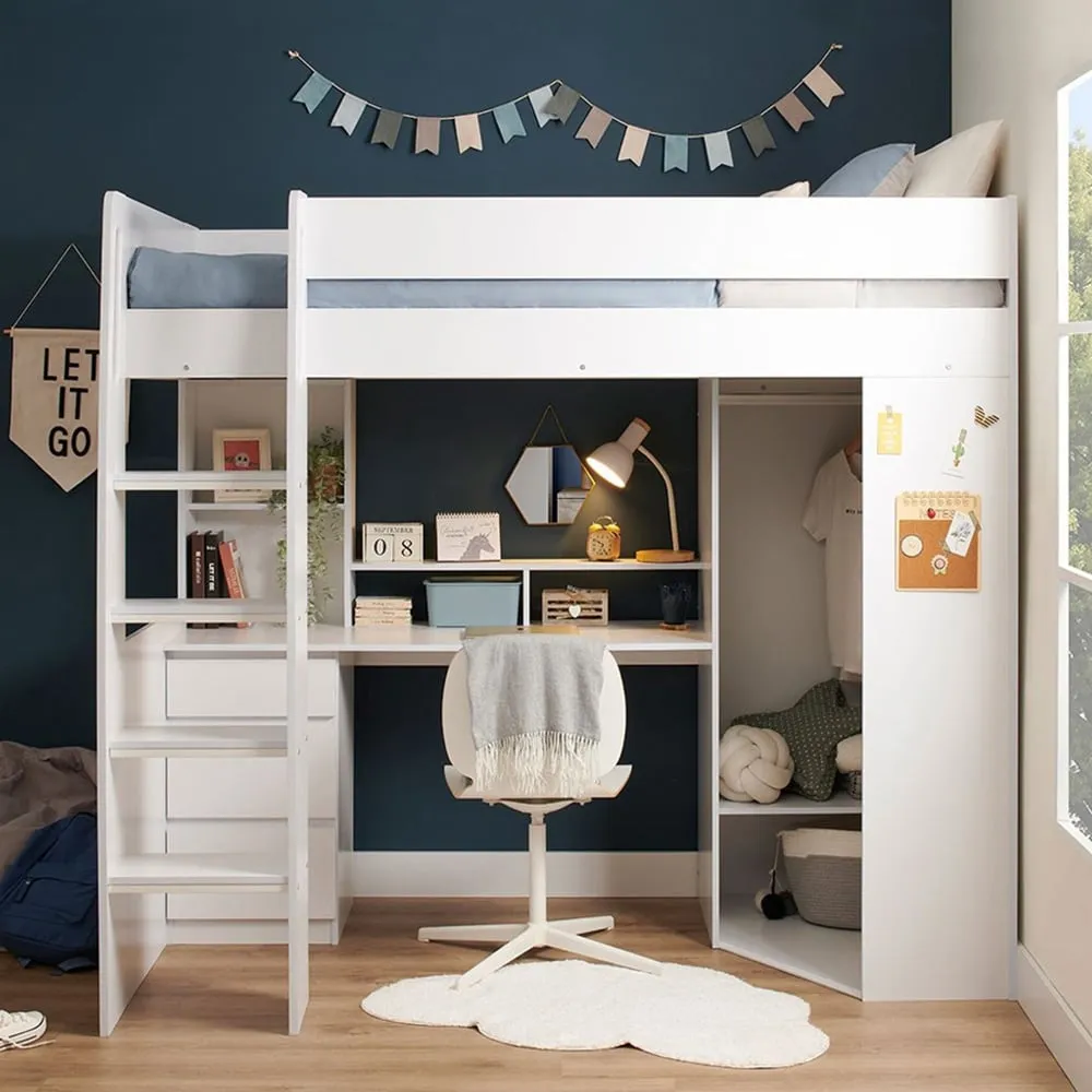 Harper Single High Sleeper Bed with Desk and Storage - White