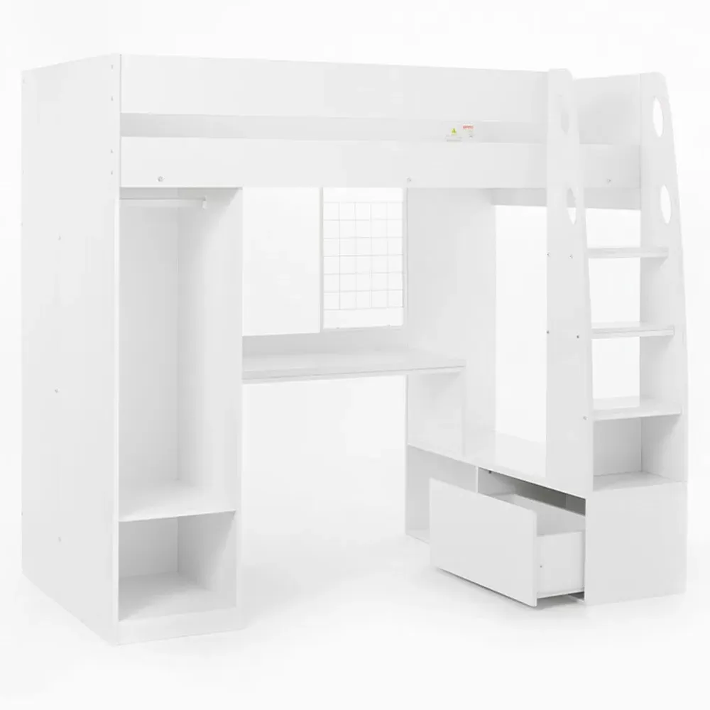 Harry Single High Sleeper Bed with Desk and Storage - White