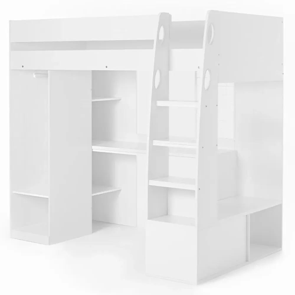Harry Single High Sleeper Bed with Desk and Storage - White
