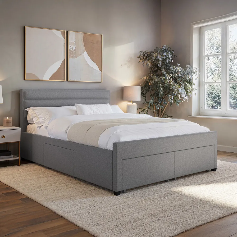 Heybrook Double Bed with 4 Drawers - Grey, Linen