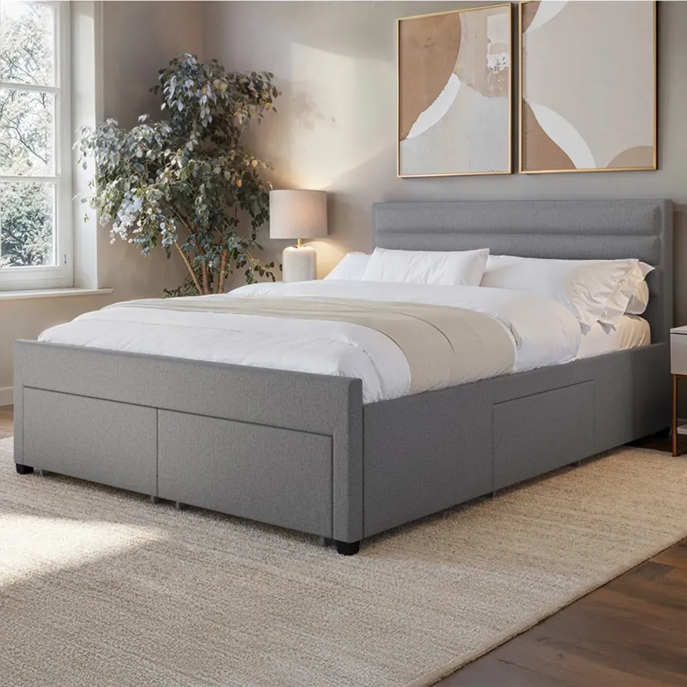 Heybrook Double Bed with 4 Drawers - Grey, Linen