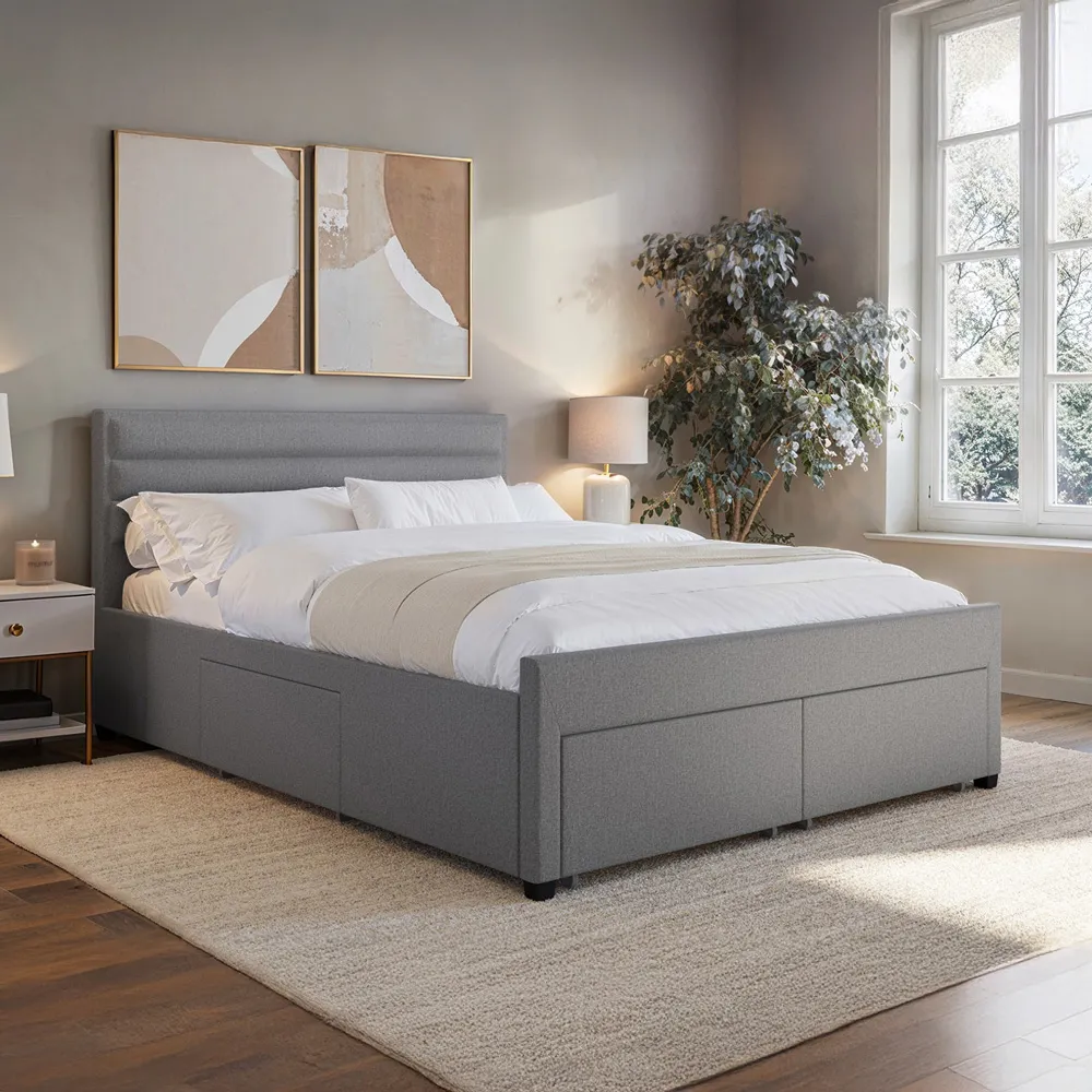 Heybrook King Size Bed with 4 Drawers - Grey, Linen