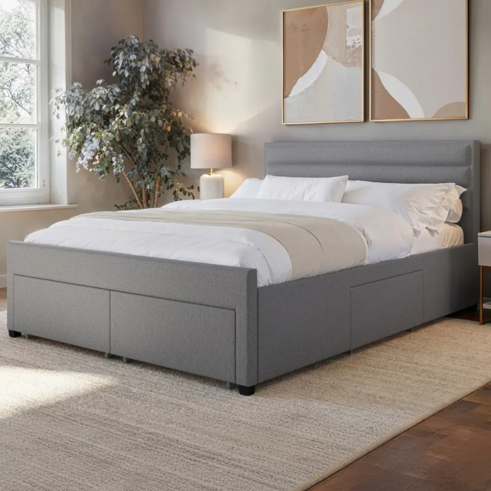Heybrook King Size Bed with 4 Drawers - Grey, Linen
