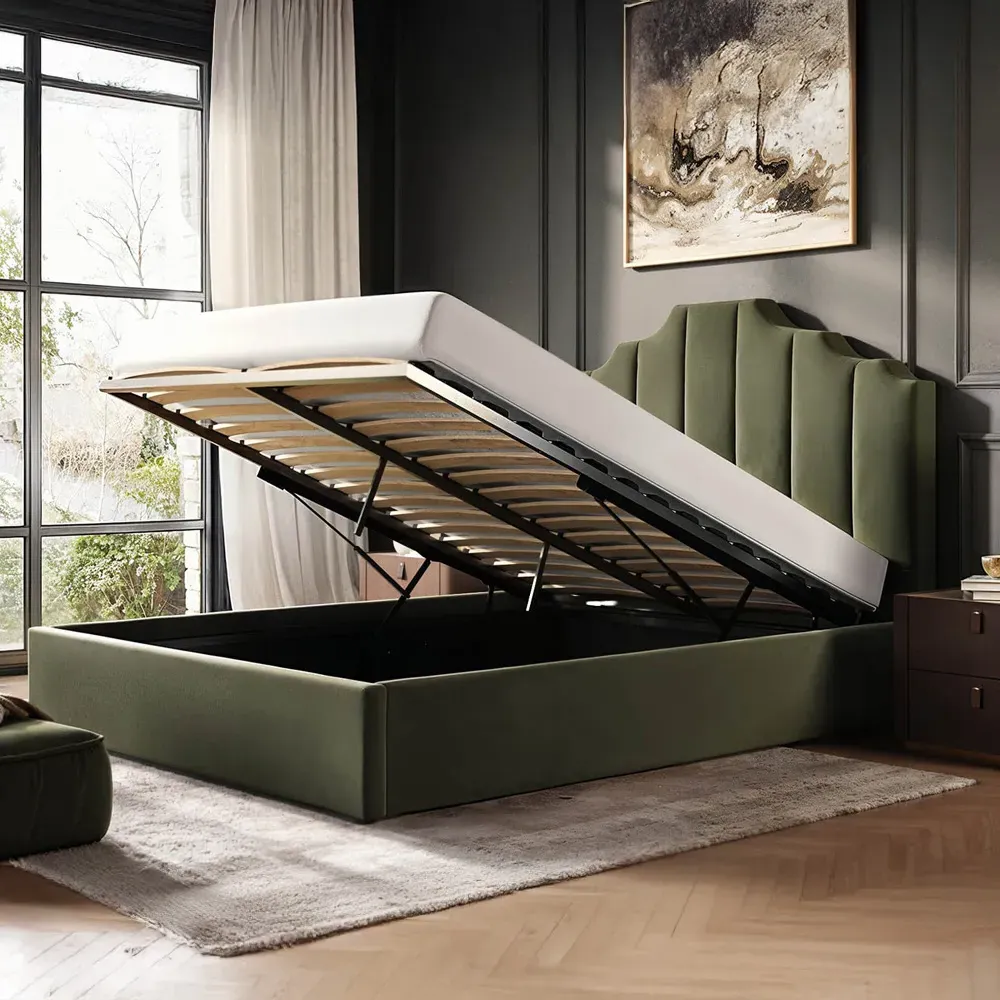 Margot Double Ottoman Bed with Storage - Green, Velvet