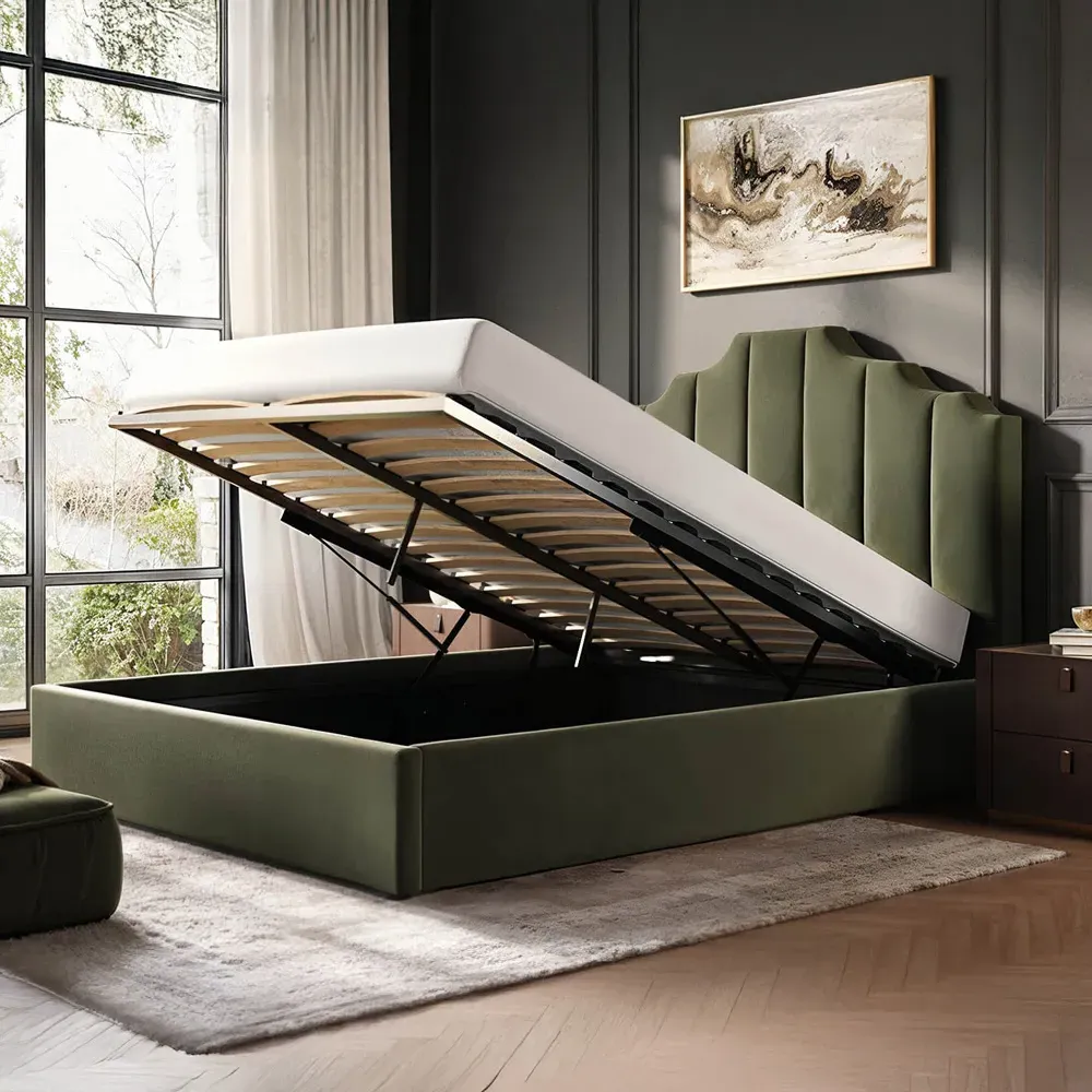 Margot King Size Ottoman Bed with Storage - Green, Velvet