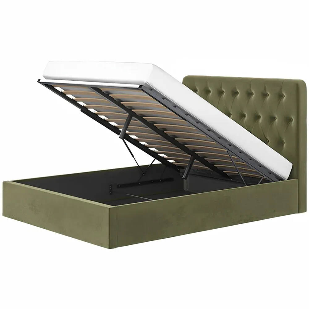 Marley King Size Ottoman Bed with Storage - Green, Velvet