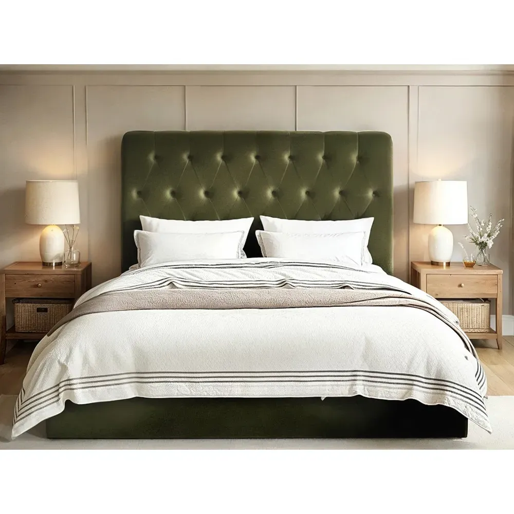 Marley King Size Ottoman Bed with Storage - Green, Velvet