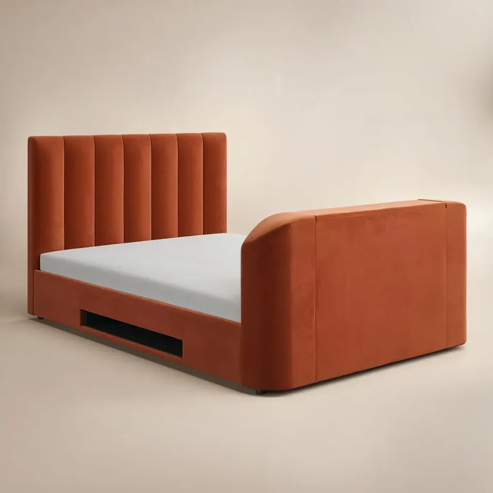 Megane Double Ottoman Bed with TV Bracket - Orange, Velvet
