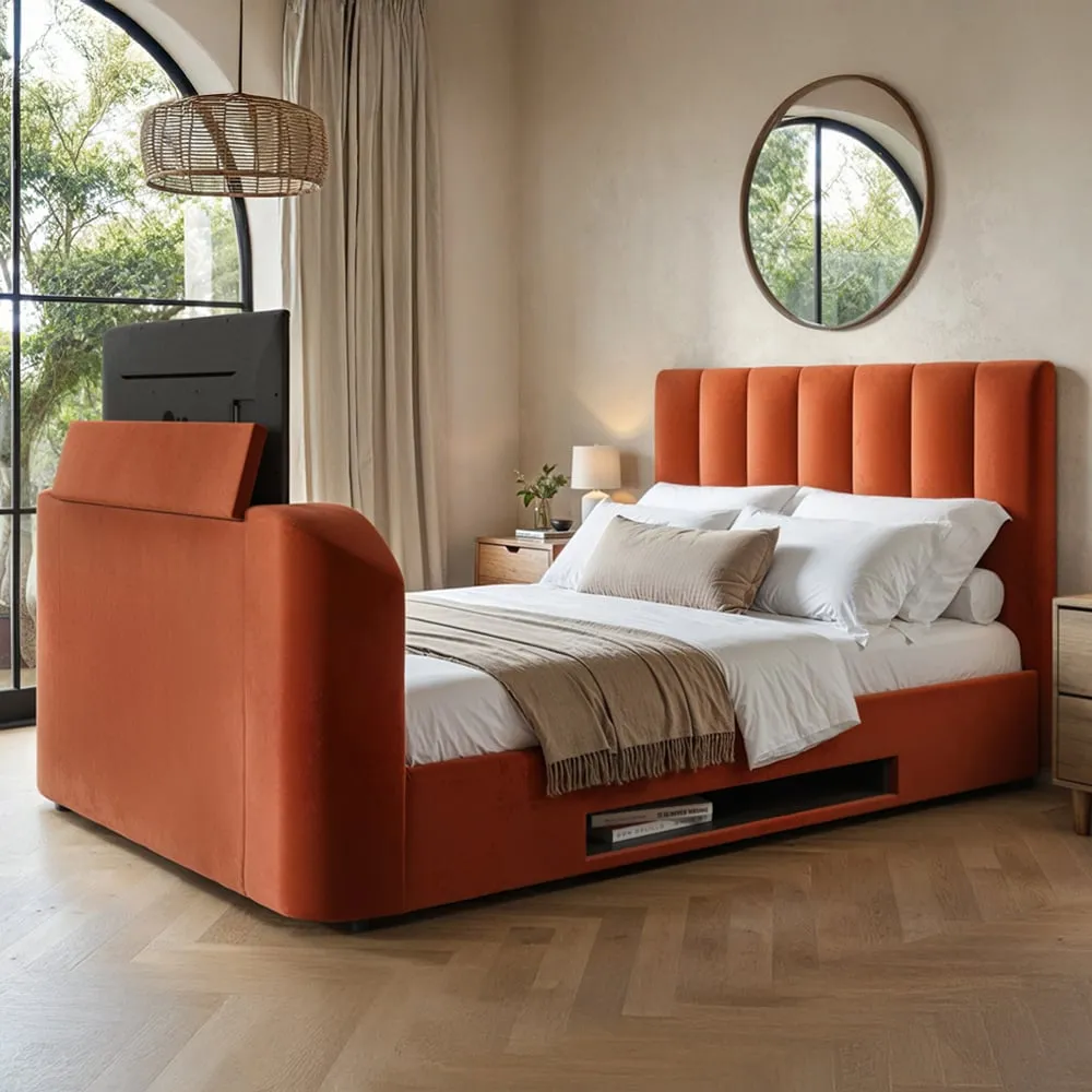 Megane Double Ottoman Bed with TV Bracket - Orange, Velvet image
