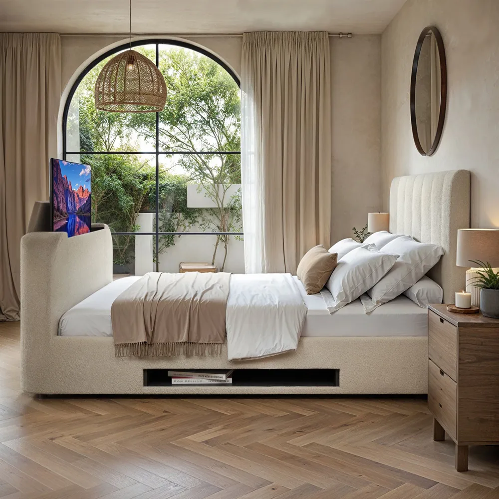 Megane King Size Ottoman Bed with TV Bracket - Cream, Boucle