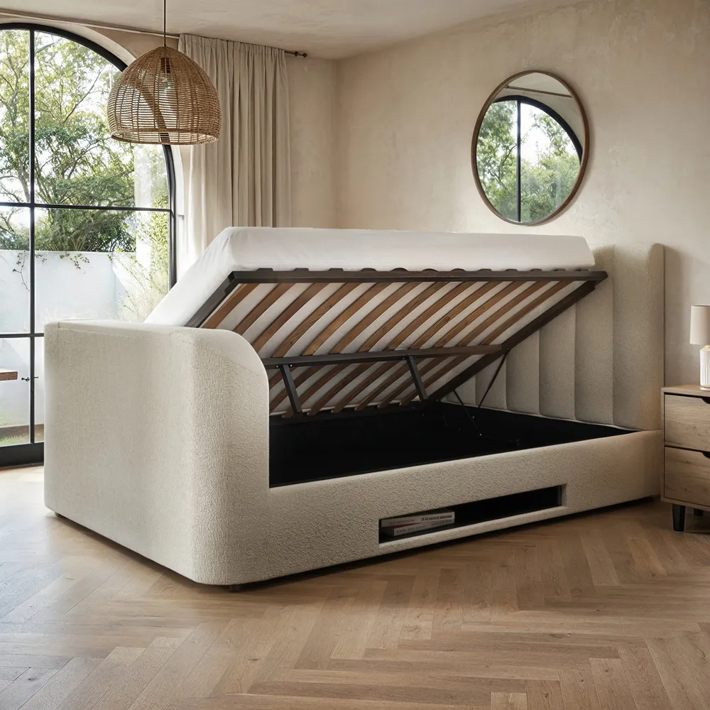 Megane King Size Ottoman Bed with TV Bracket - Cream, Boucle