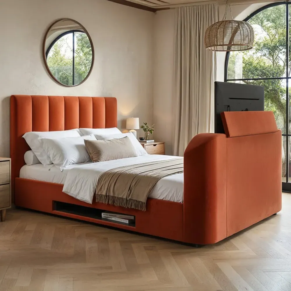 Megane King Size Ottoman Bed with TV Bracket - Orange, Velvet