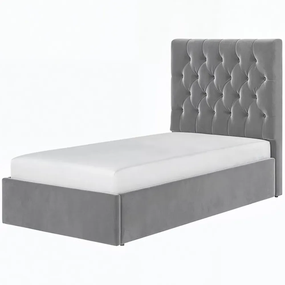 Milan Single Ottoman Bed with Storage - Grey, Velvet