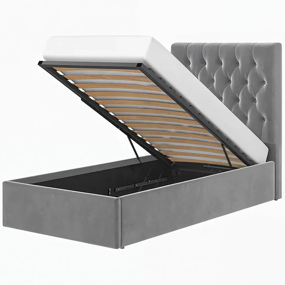 Milan Single Ottoman Bed with Storage - Grey, Velvet