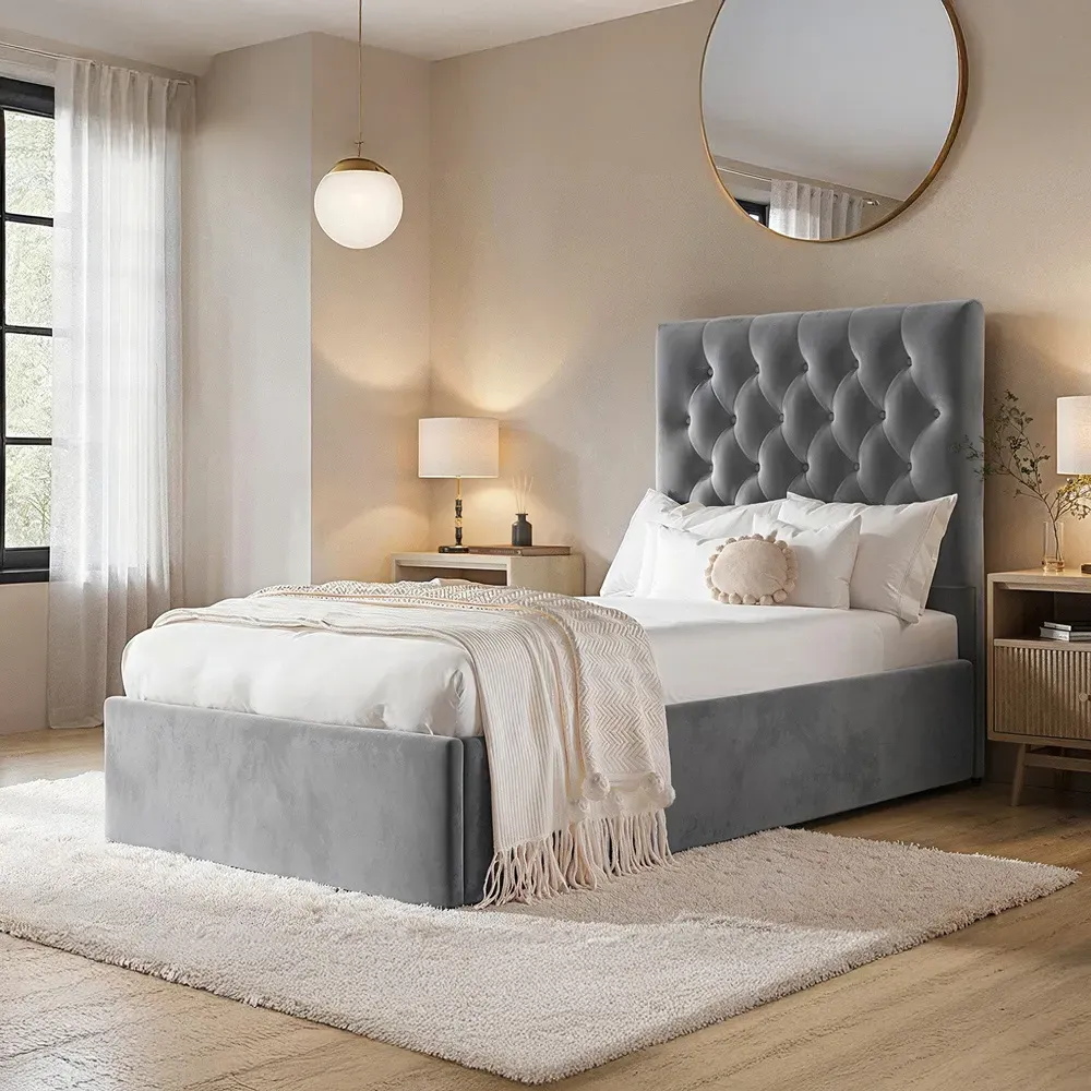 Milan Single Ottoman Bed with Storage - Grey, Velvet