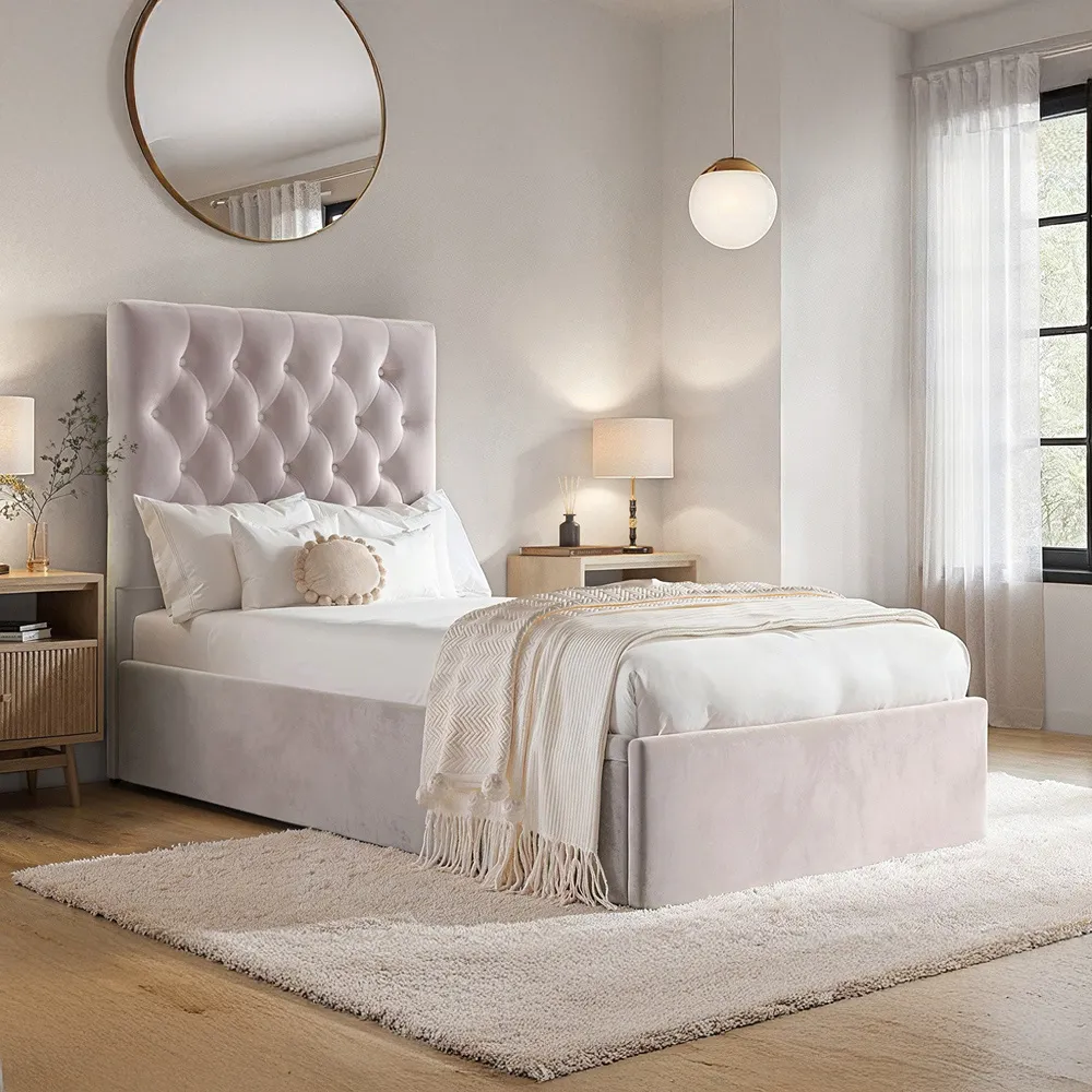 Milan Single Ottoman Bed with Storage - Pink, Velvet