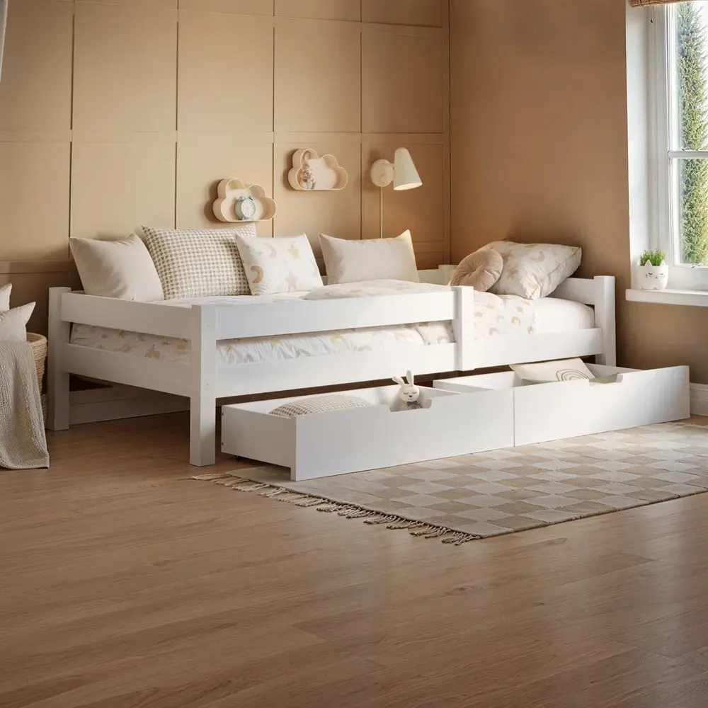 Milo Single Bed Frame with Storage - White, Pine