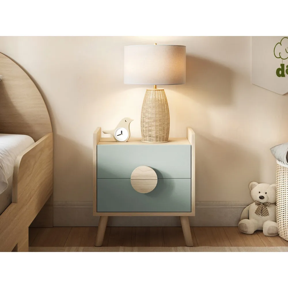 Noah 2 Drawer Bedside Table - Green, Oak
