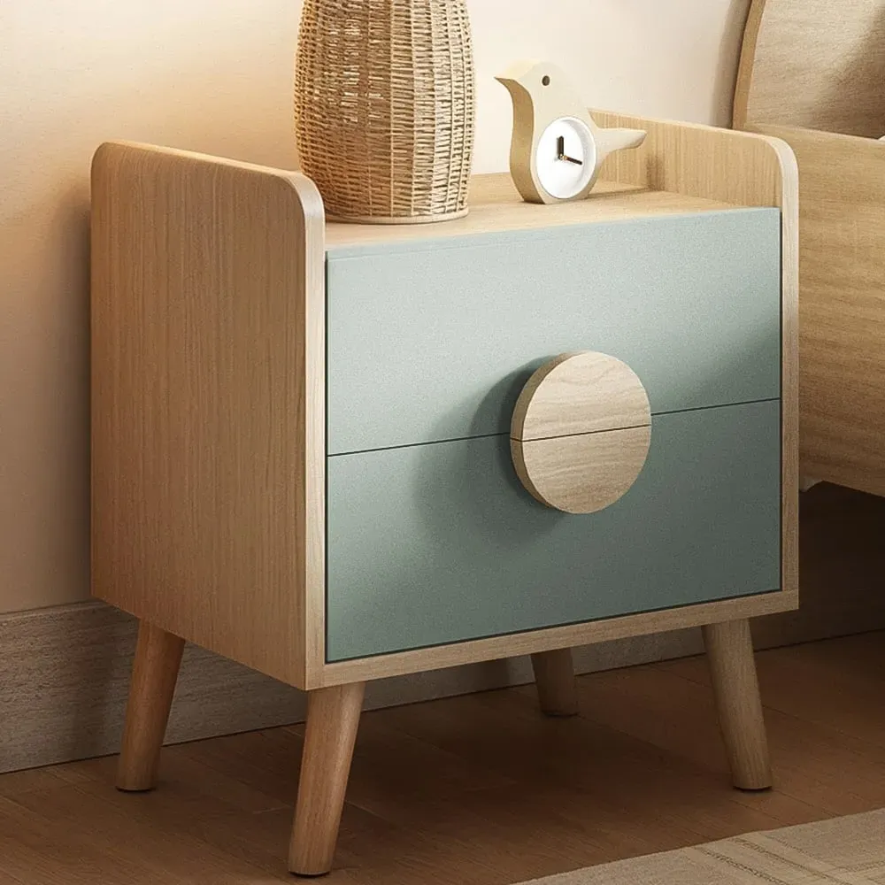 Noah 2 Drawer Bedside Table - Green, Oak