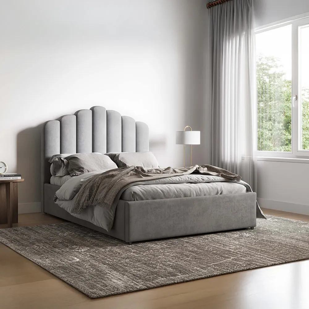 Poseidon Double Ottoman Bed with Storage - Silver, Velvet