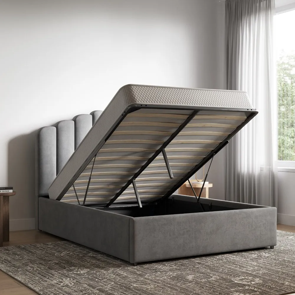 Poseidon King Size Ottoman Bed with Storage - Silver, Velvet