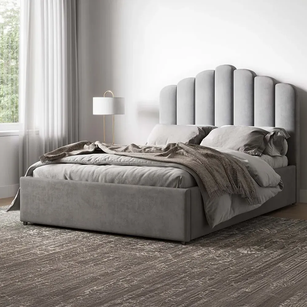 Poseidon King Size Ottoman Bed with Storage - Silver, Velvet