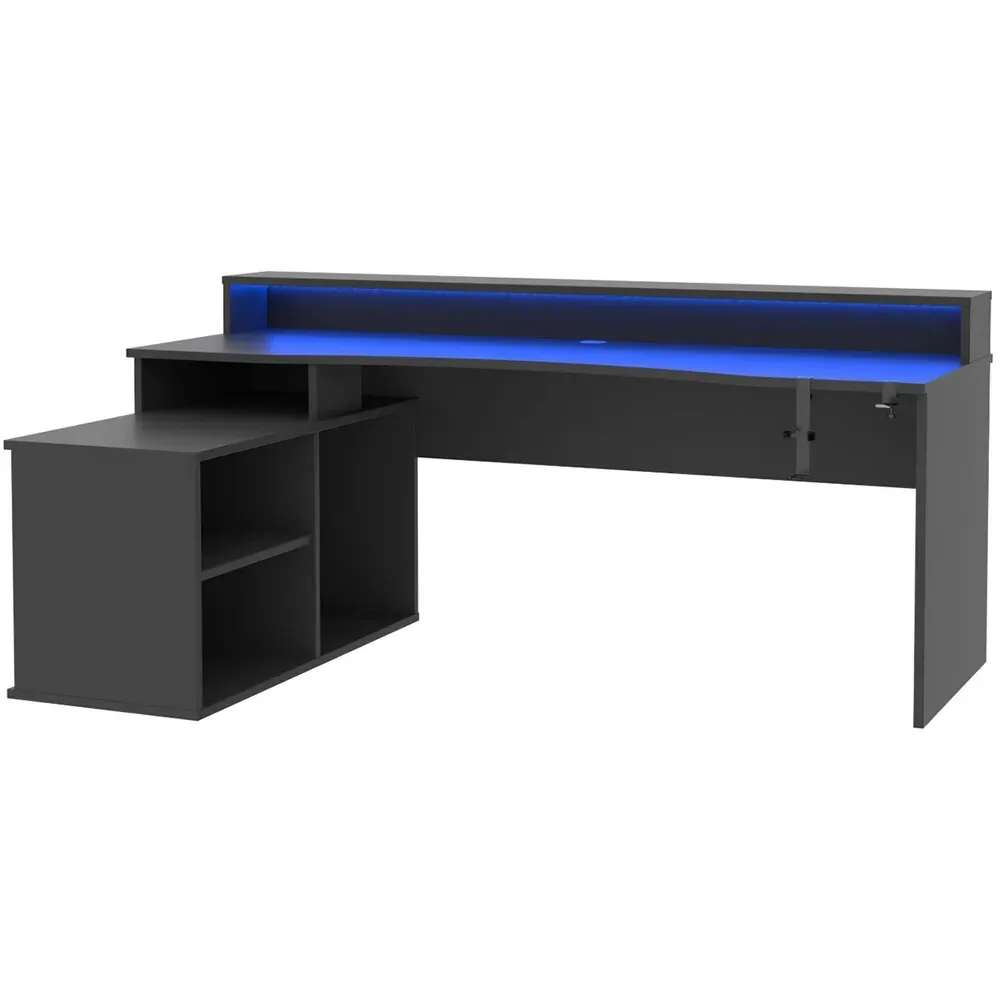 Power W L-Shaped Gaming Desk with LED Lighting - Black