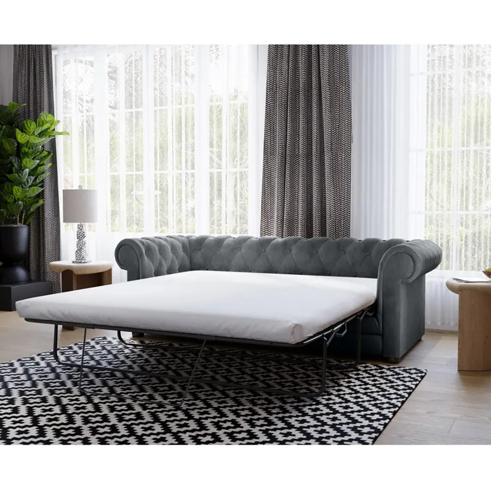 Ralph 2-Seater Chesterfield Sofa Bed - Grey, Velvet