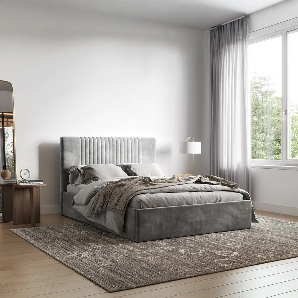 Sonar King Size Ottoman Bed with Storage - Silver, Velvet