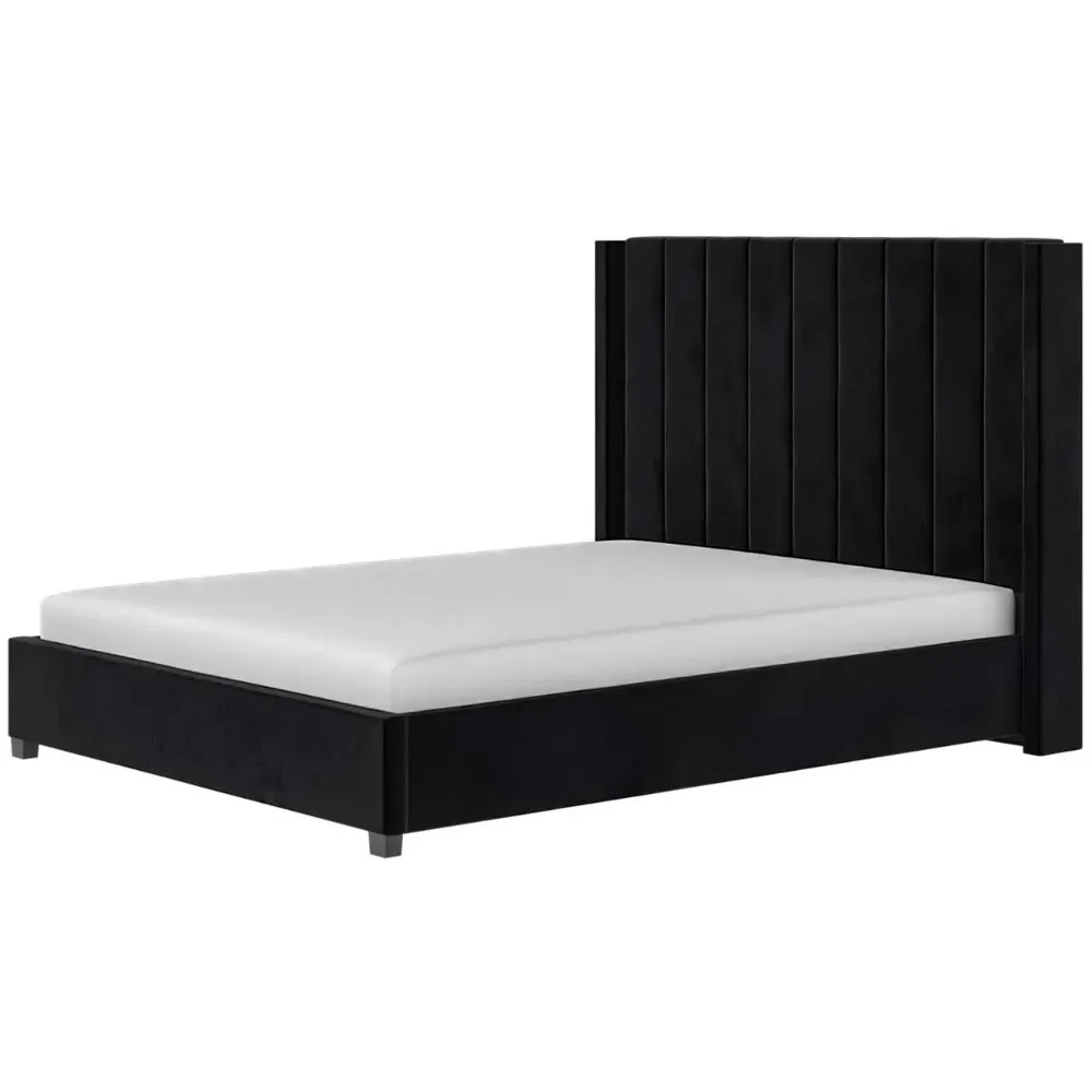 Tiggy Double Ottoman Bed with Winged Headboard - Black, Velvet