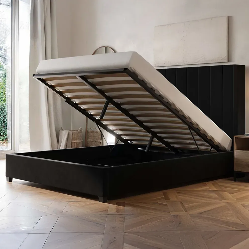 Tiggy Double Ottoman Bed with Winged Headboard - Black, Velvet