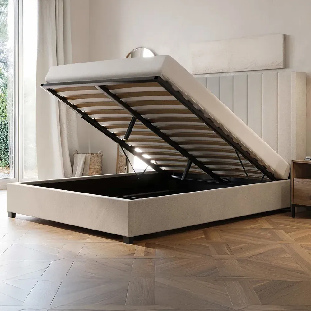 Tiggy Double Ottoman Bed with Winged Headboard - Cream, Velvet