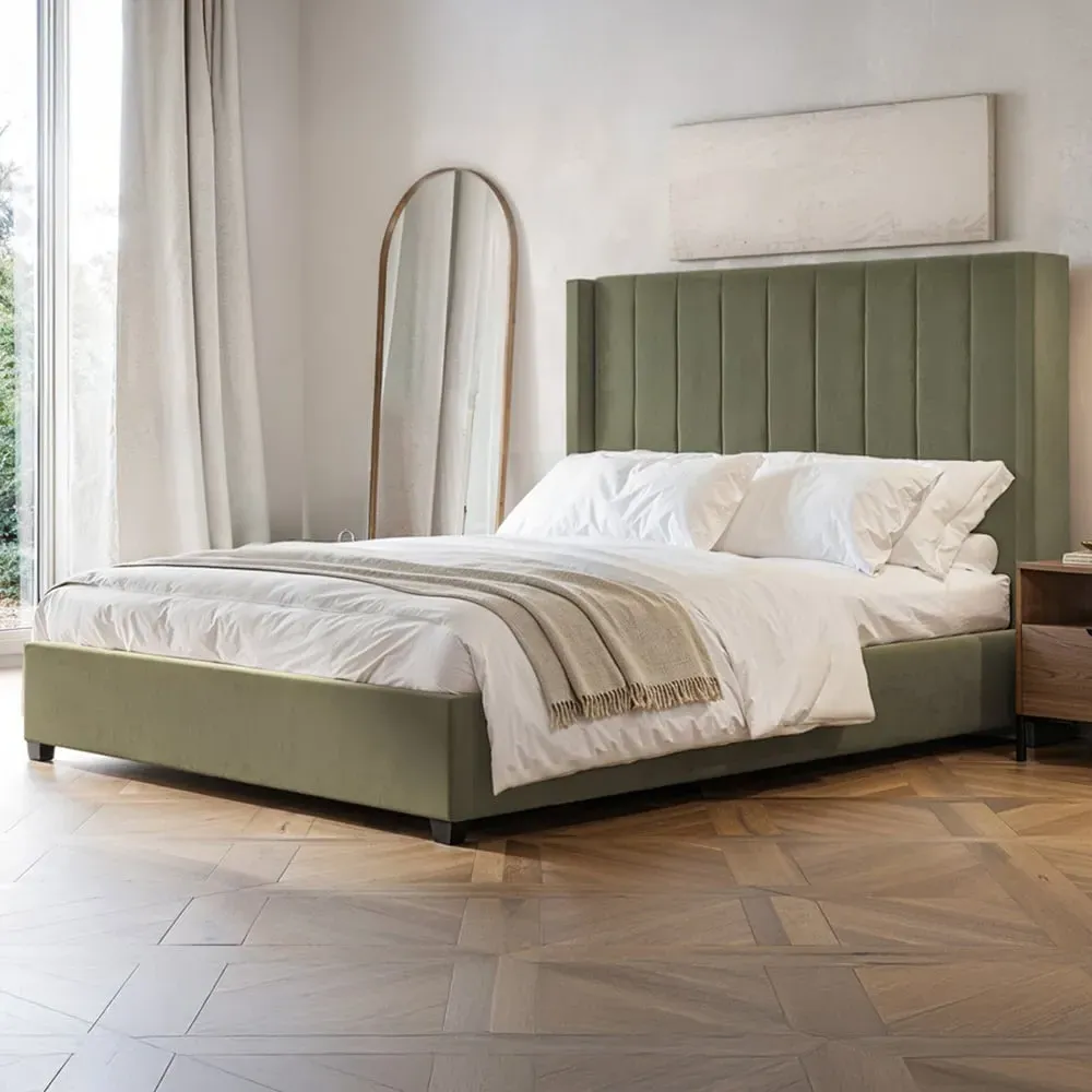 Tiggy Double Ottoman Bed with Winged Headboard - Green, Velvet image