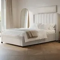 Tiggy Double Storage Bed with Winged Headboard - Cream, Boucle