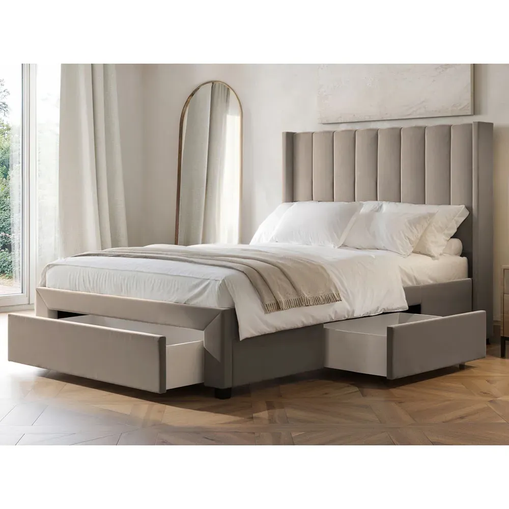 Tiggy Double Storage Bed with Winged Headboard - Cream, Velvet