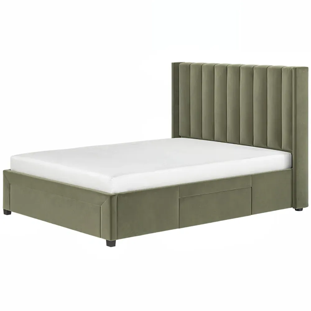 Tiggy Double Storage Bed with Winged Headboard - Green, Velvet