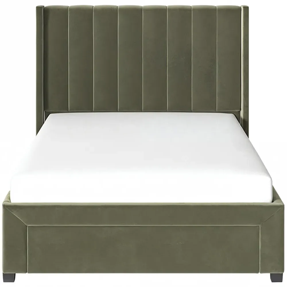 Tiggy Double Storage Bed with Winged Headboard - Green, Velvet