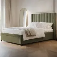 Tiggy Double Storage Bed with Winged Headboard - Green, Velvet