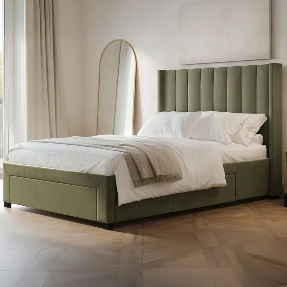 Tiggy Double Storage Bed with Winged Headboard - Green, Velvet