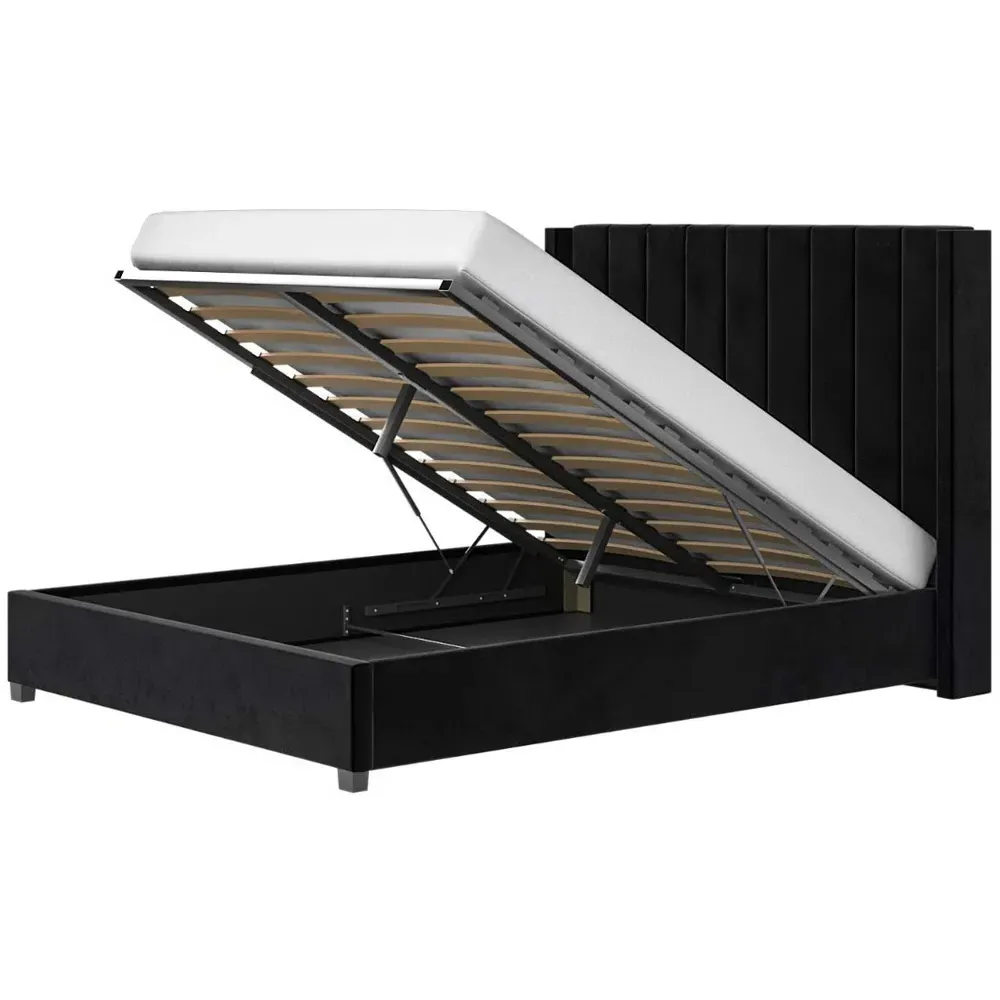 Tiggy King Size Ottoman Bed with Winged Headboard - Black, Velvet