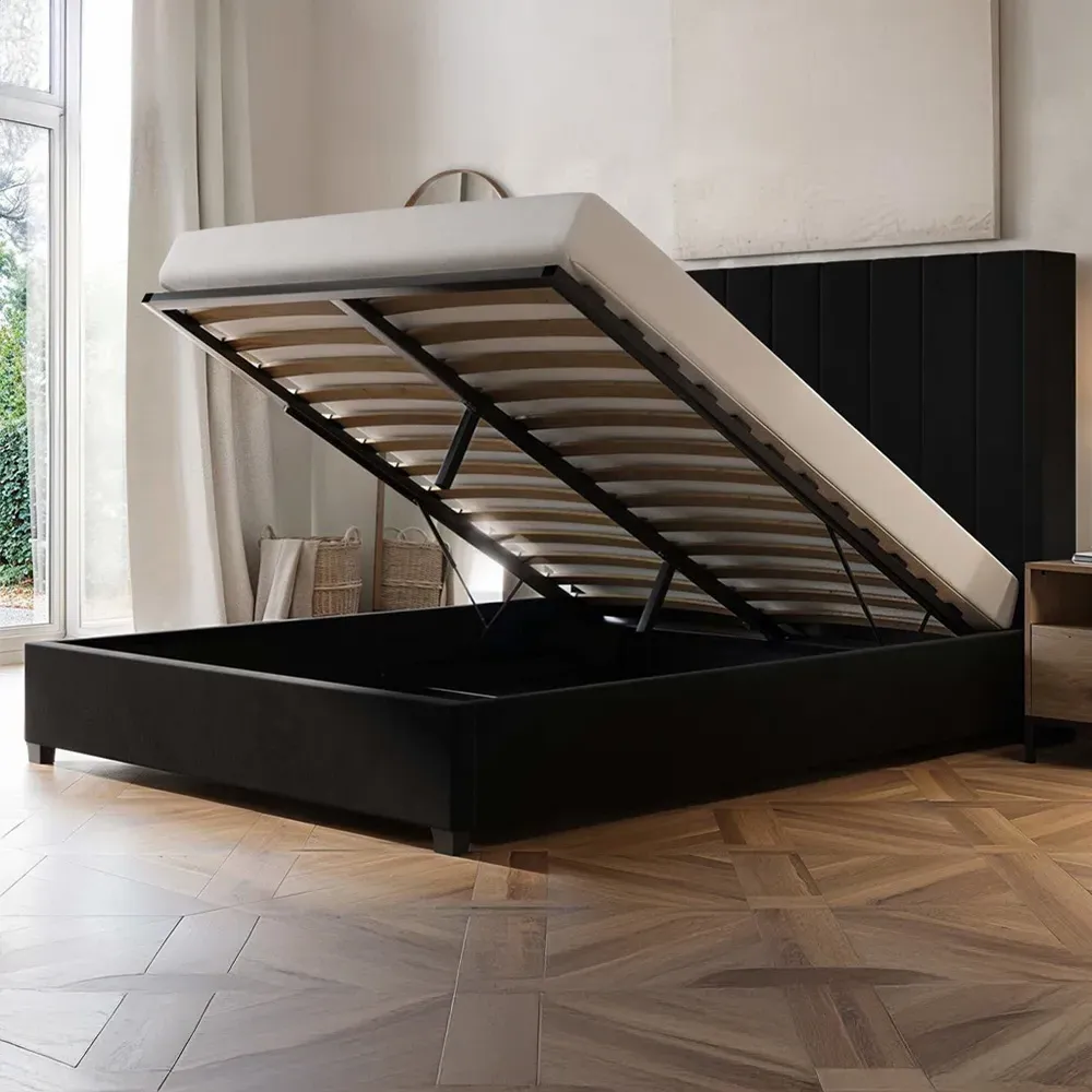 Tiggy King Size Ottoman Bed with Winged Headboard - Black, Velvet