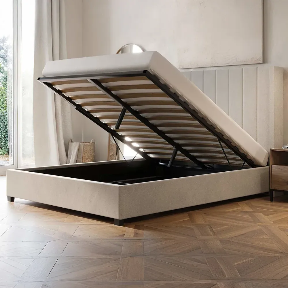 Tiggy King Size Ottoman Bed with Winged Headboard - Cream, Velvet