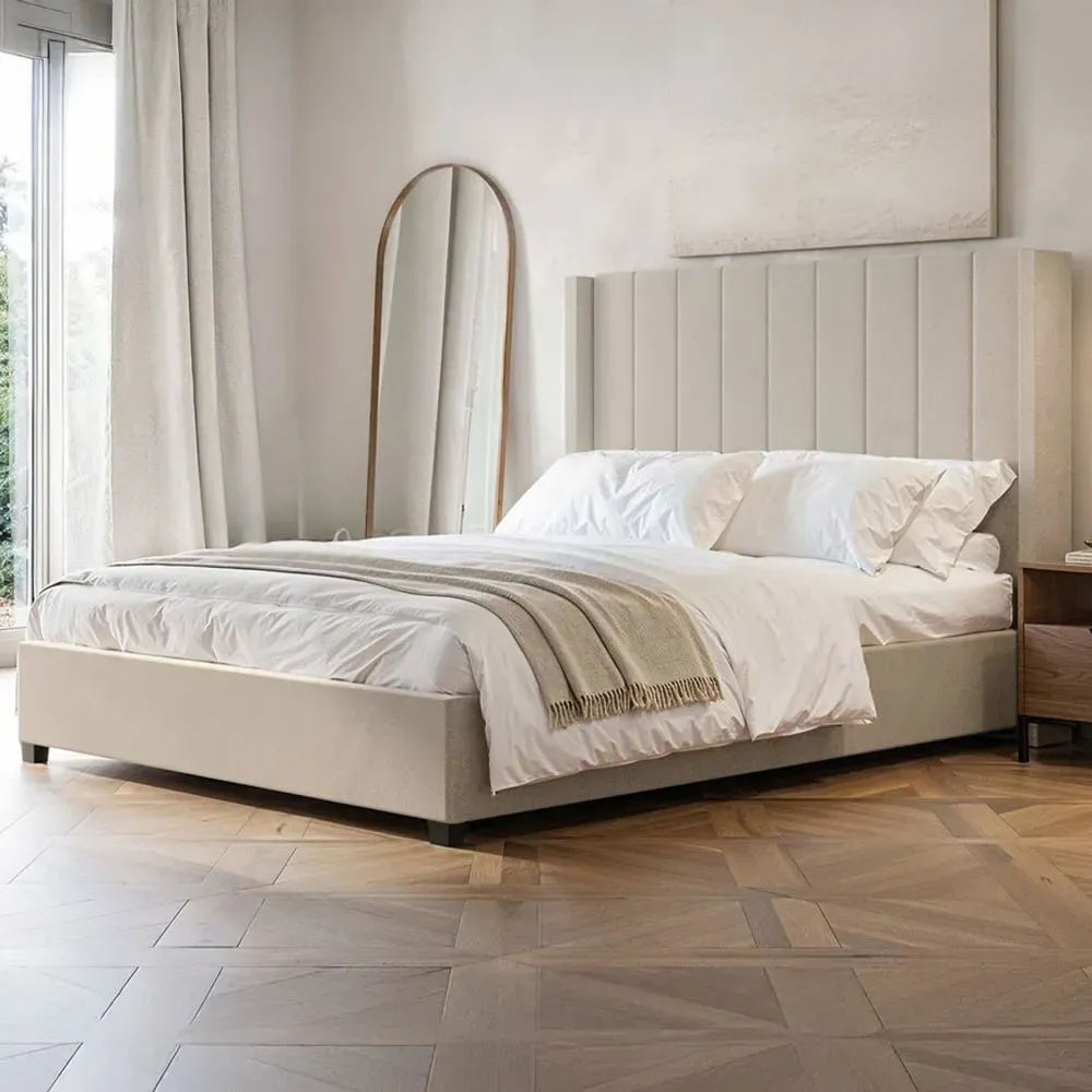 Tiggy King Size Ottoman Bed with Winged Headboard - Cream, Velvet