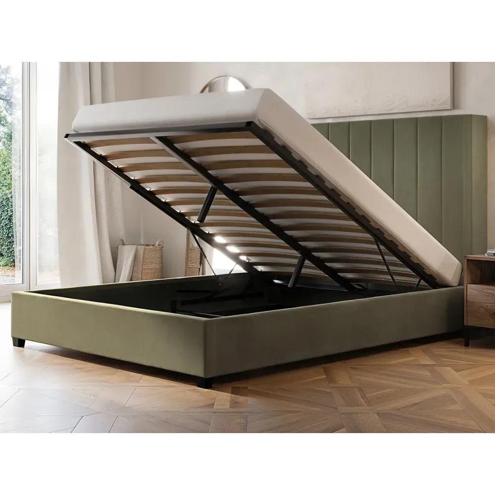 Tiggy King Size Ottoman Bed with Winged Headboard - Green, Velvet