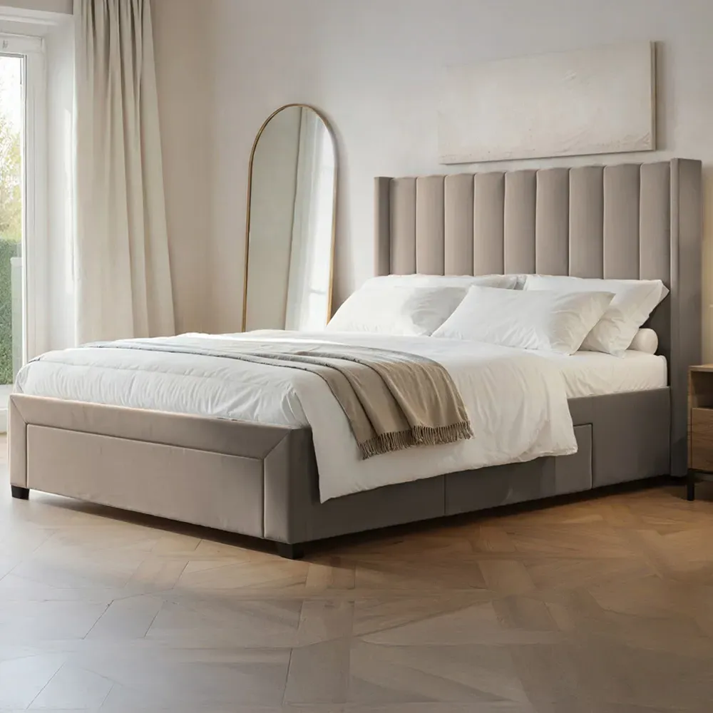 Tiggy King Size Storage Bed with Winged Headboard - Cream, Velvet