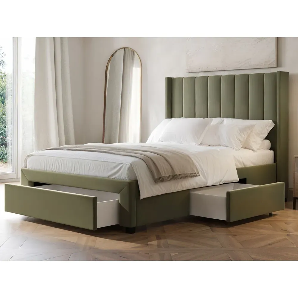 Tiggy King Size Storage Bed with Winged Headboard - Green, Velvet