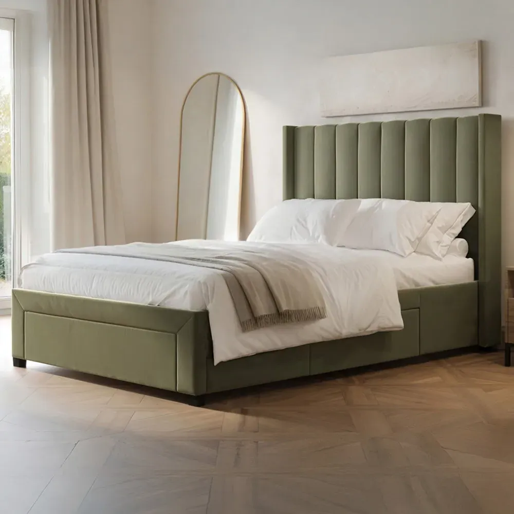 Tiggy King Size Storage Bed with Winged Headboard - Green, Velvet